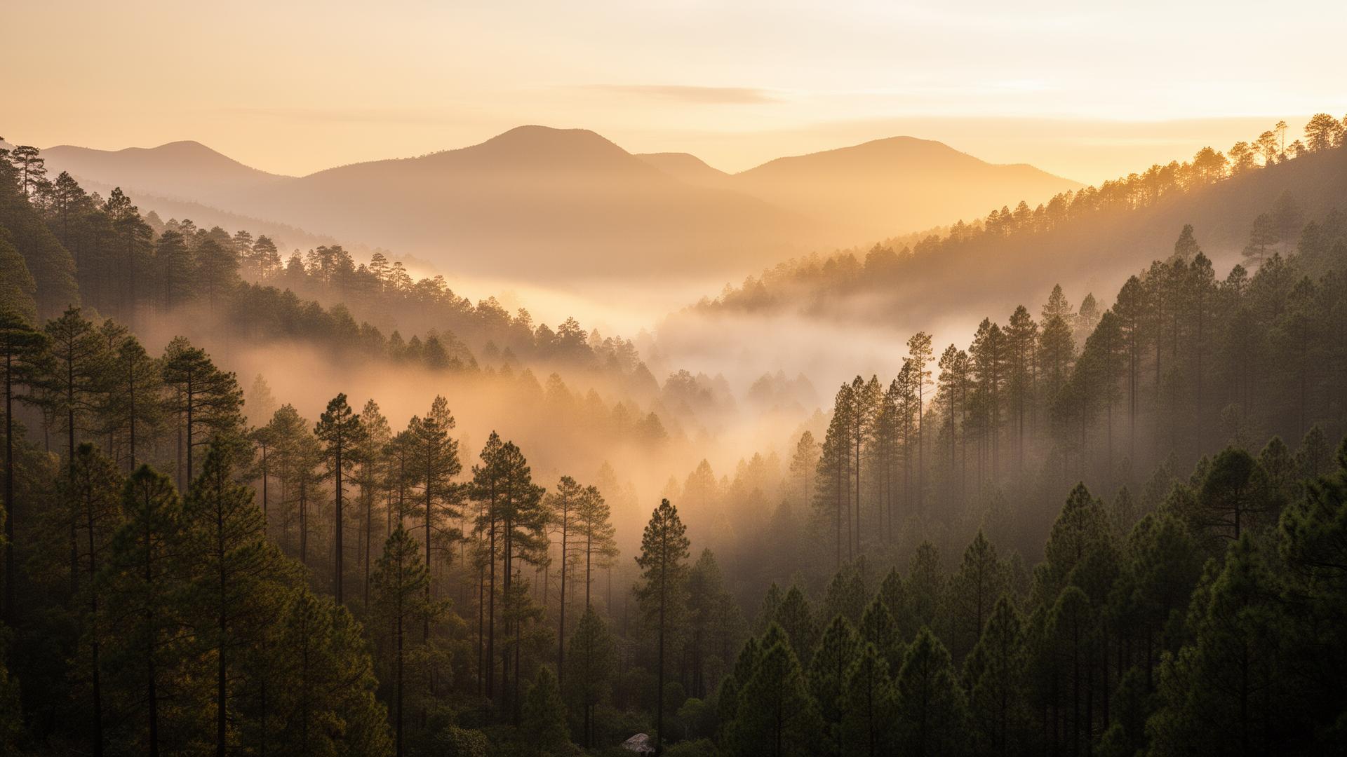 Valle de pinos cubierto de niebla al amanecer en la Sierra de Tapalpa